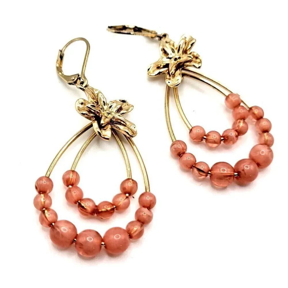 Beach Bohemian Pink Beaded Gold Floral Earrings Leverback 2.25 in long